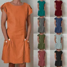 Women's Fashion Summer Classic Dresses Short Sleeve O Neck Button Linen Plus Size Midi Dresses With Pockets Vestidos Robe 5.22