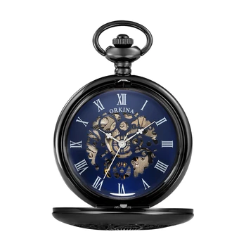 

ORKINA New Blue Unique Men Magnifier Skeleton Vintage Mechanical Pocket Watch with Chain for Gift