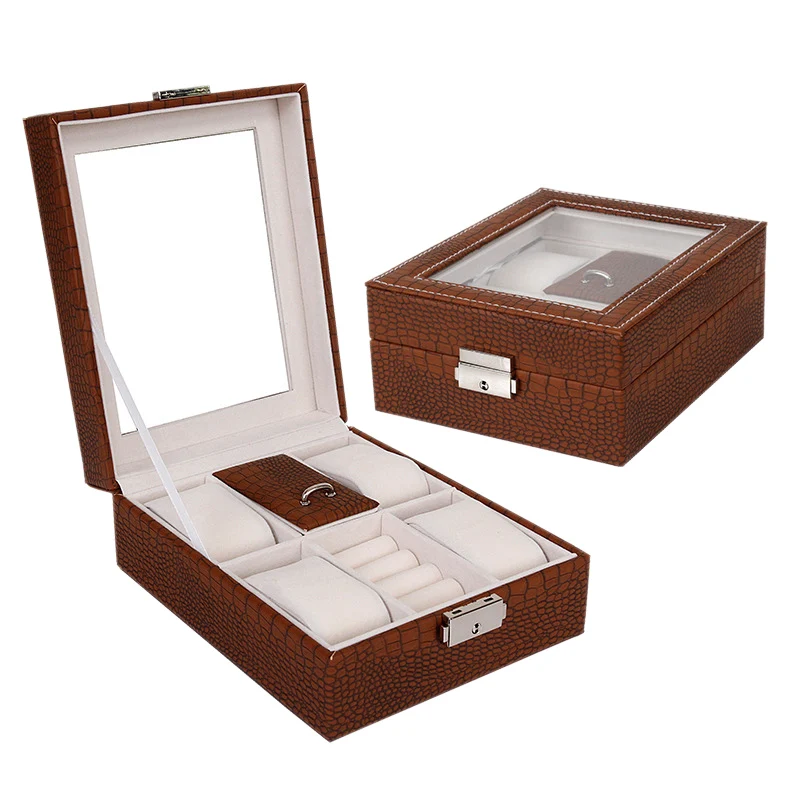 Часы коробка для хранения ювелирных изделий Органайзер чехол Кольцо Серьги Ожерелье Кожа - Цвет: Brown