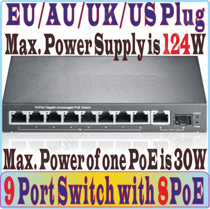 Внешний источник питания, Макс 124 Вт, 9 Порт 8 poe коммутатор IEEE802.3af на PoE костюм для PoE Камера или AP, 1000 м порт* 1, SFP порт* 1