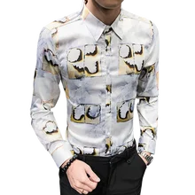 H210/английская серая стена Осенняя мужская Корейская стильная Облегающая рубашка с длинными рукавами и принтом в виде ожогов P55