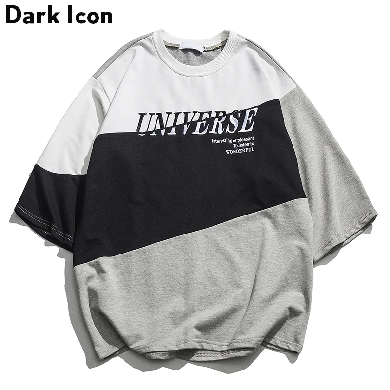 Dark Icon Patchwork Loose T-shirt Men Round Neck Half Sleeve Terry Cotton Tee Shirts Men Street Tee Shirts Man Clothing