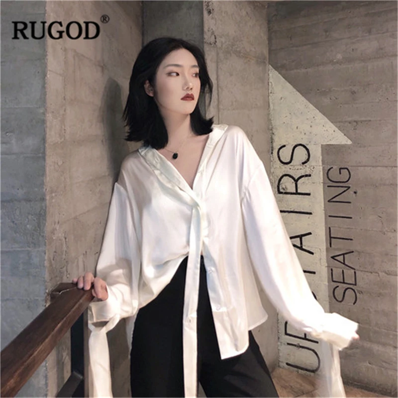 

RUGOD 2019 New Spring Summer Women White Satin Chiffon Thin Shirt Long Sleeve Loose Smooth Blouse Strap Stylish Temperament Tops