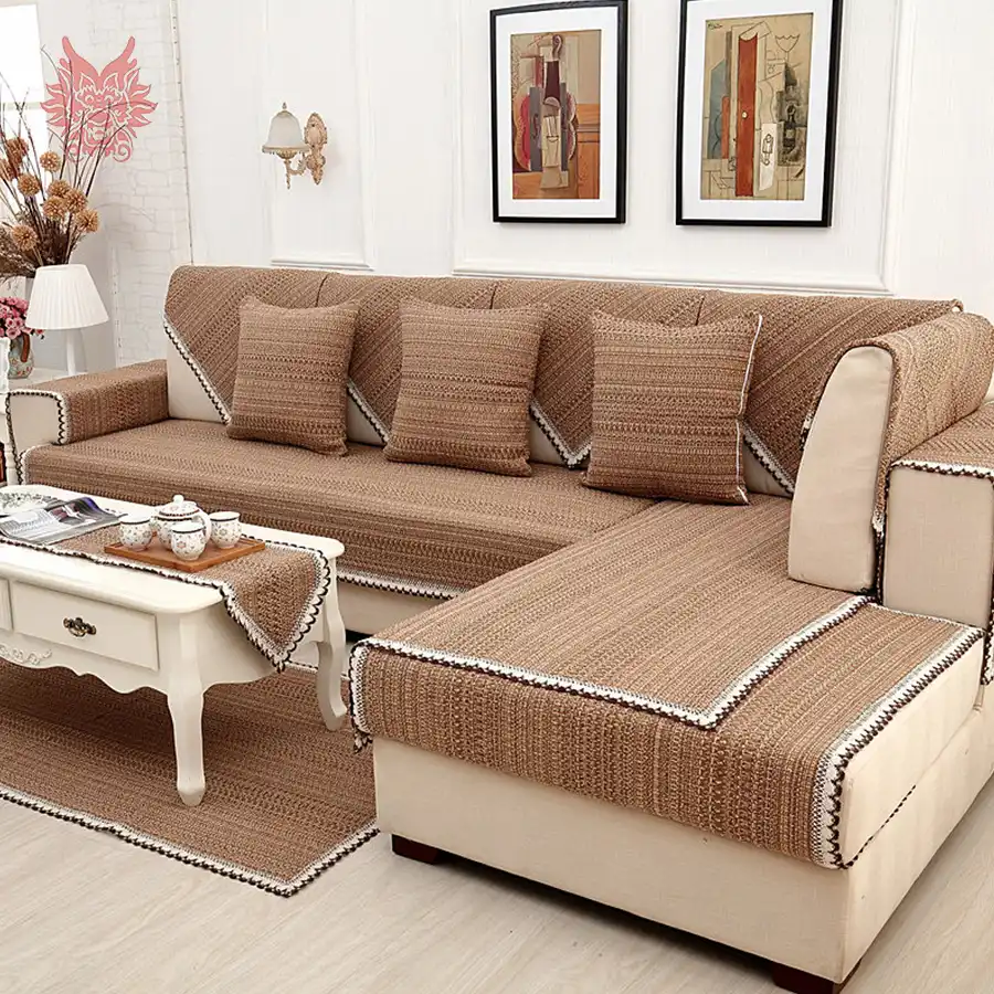 Europe Style Brown Solid Cotton Linen Sofa Cover Lace Decor Sectional Slipcovers Canape Furniture Covers Fundas De Sp3615