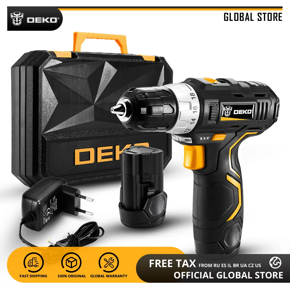 

DEKO GCD12DU3 12V Max Household Power Tool Electric Screwdriver with LED Light 2 Speed Cordless Drill with 2 Battery X Box BMC