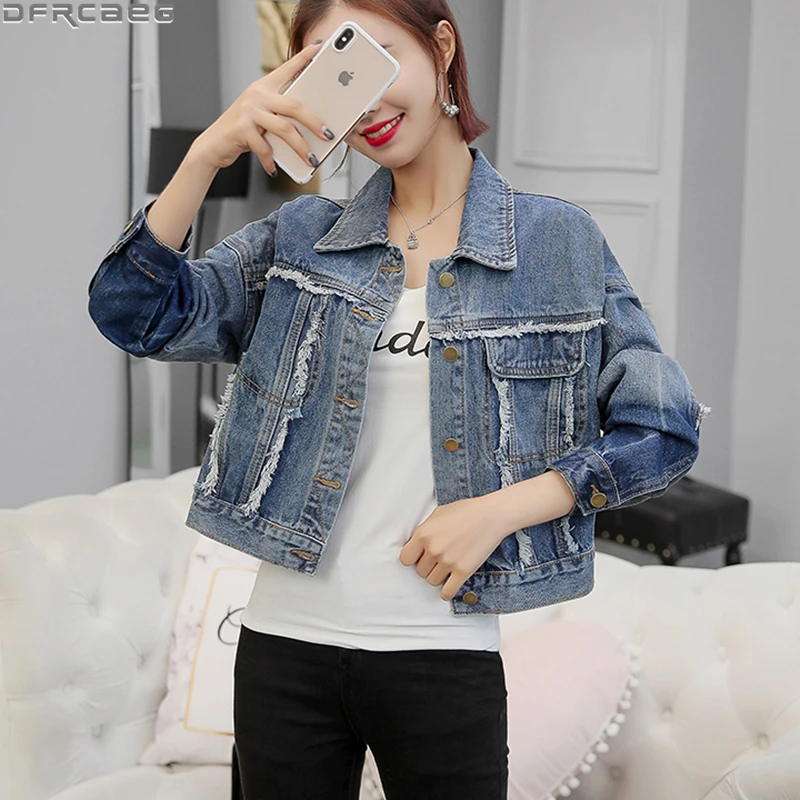 

New 2019 Autumn Vintage Denim Jacket Women Streetwear Slim Chic Cropped Jacket Tassel Burrs Jaqueta Jeans Contrast Color Coats