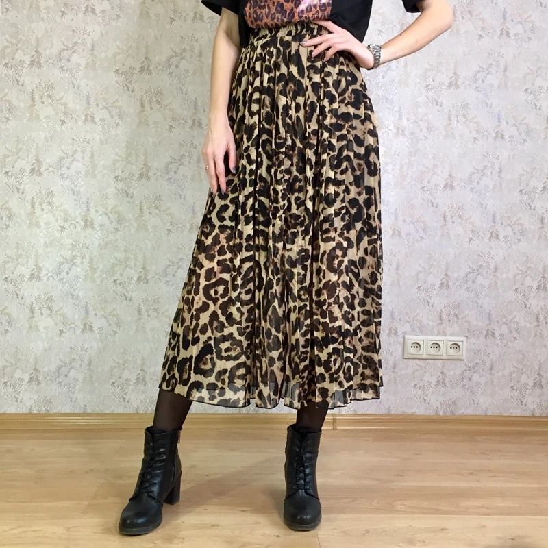 Stinlicher Fashion Women Summer Beach Leopard Casual Chiffon Max Skirt Pleated Long Skirt Ladies Elastic Waist Long Skirt