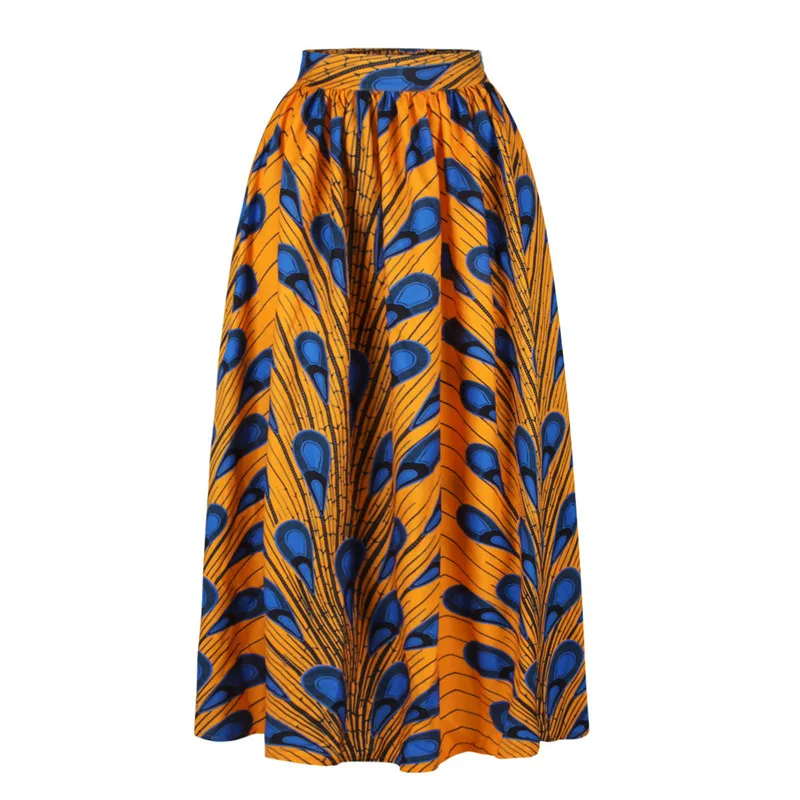 Макси юбка женская Jupe Longue Высокая талия винтажная длинная юбка эластичная африканская с принтом павлина тонкая женская плиссированная юбка Falda - Цвет: summer skirt
