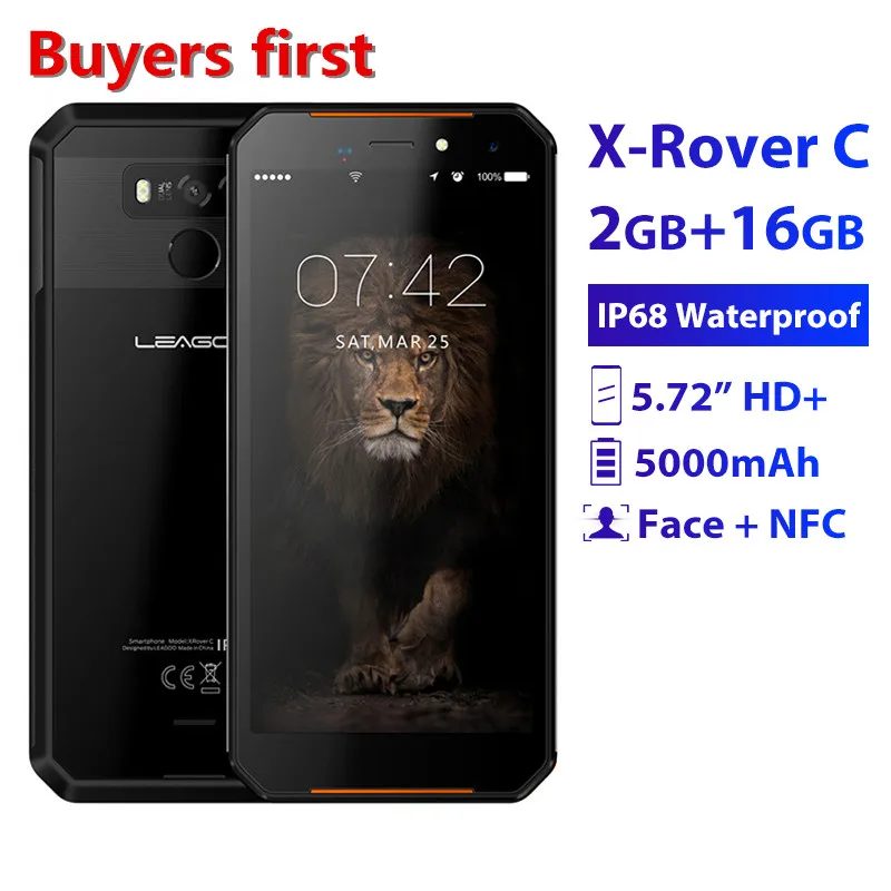 LEAGOO X-Rover C IP68 водонепроницаемый смартфон 5,72 "mtk6739 четырехъядерный 2 Гб 16 Гб 13 МП 5000 мАч NFC Лицо ID прочный мобильный телефон