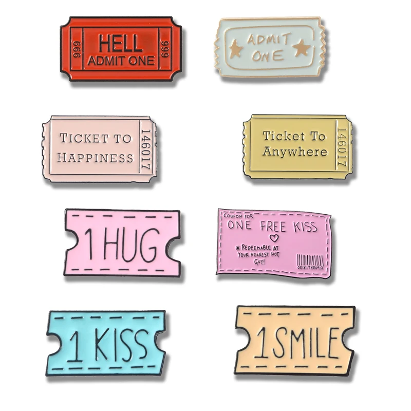 

Cute maiden Tickets enamel Brooches for women Pink Red Admit movie ticket Metal lapel Pins Bagdes Couple Denim Shirt bag Jewelry
