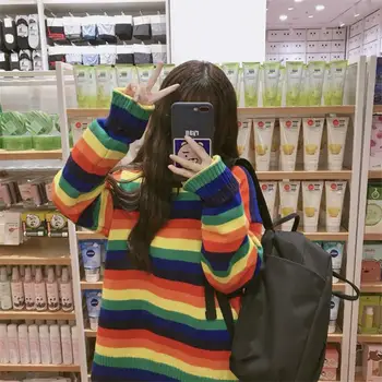 

Female Korean Kawaii Cute Loose Lazy Rainbow Striped Sweater Women's Sweaters Japanese Harajuku Ulzzang Clothing For Women