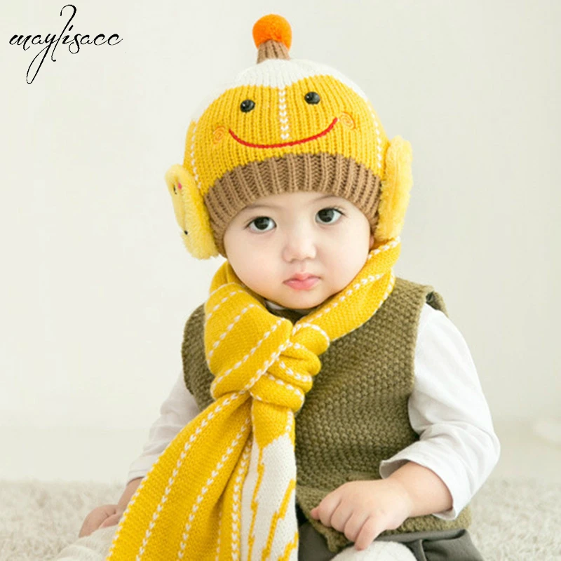 

1-3Years Kid Autumn&winter Warm Children's Knitting Wool Ear Protection Hat Scarf Set Baby Cute Smiling Face 2 Pcs Scarf Hat Set