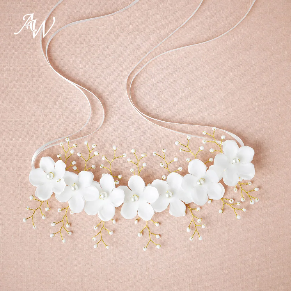 AW Pearl Hair Vines Flower Halo Bridal Headband Tiara with Ribbons