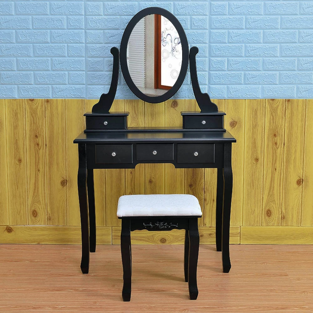 

1SET Wooden Dressing Table Makeup Desk With Stool Tri-Fold Mirror 5 Drawer Wooden Bedroom Furniture Home Decoration