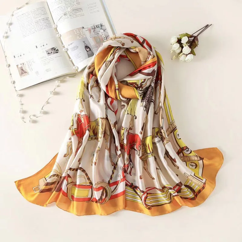 GH011beige Хиджаб платок на голову женский модный длинный шелковый шарф для леди Европейский дизайн классический бренд роскошный длинный платок с принтом - Цвет: GH011beige