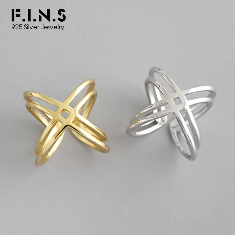 

F.I.N.S Unique 925 Sterling Silver Rings For Women Double Layer X-Shaped Opening Cuff Ring 925 Silver Adjustable Finger Ring