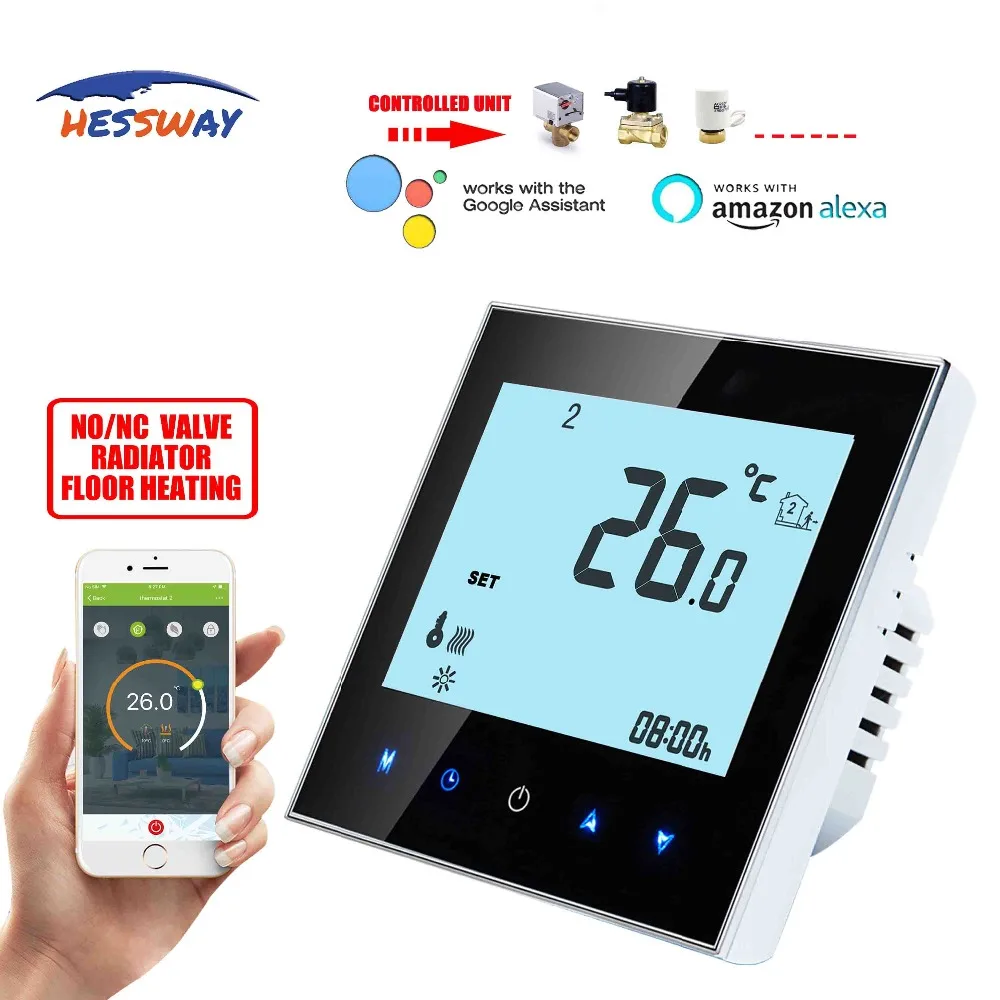 

HESSWAY 85-240VAC 3A TUYA APP remote temperature control smart thermostat wifi for Normally closed Normally open Valve