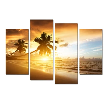

New Direct Selling 4 Panels Sunset Painting Artwork Office Decoration Landscape Canvas Sunsets Wall Art Beach No Frame