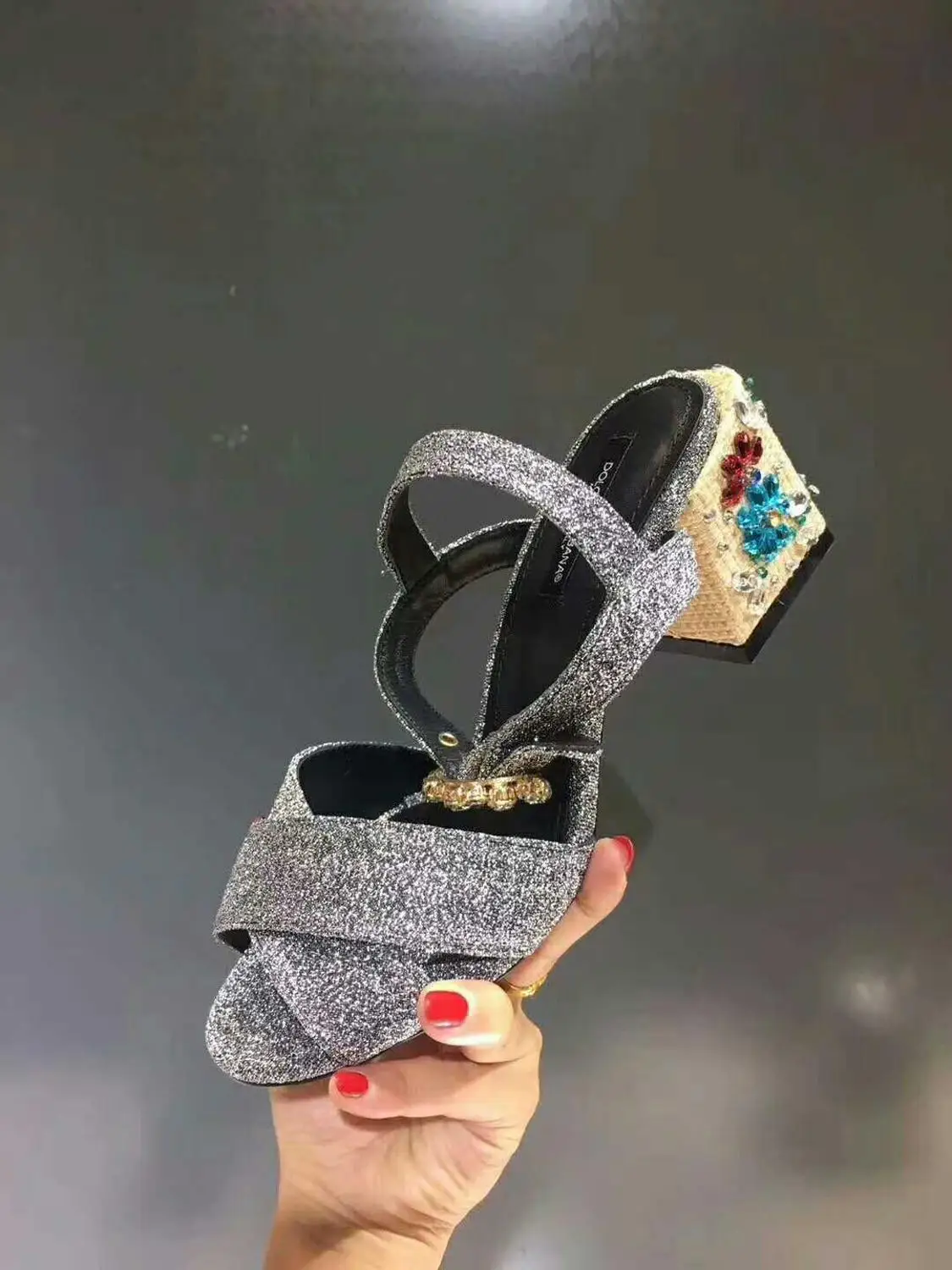 Женская обувь для вечеринок; сандалии с кристаллами и ремешками на лодыжках; женские сандалии-гладиаторы на каблуке с цветочным узором; блестящая замшевая Летняя обувь со стразами и стразами - Цвет: As photo show