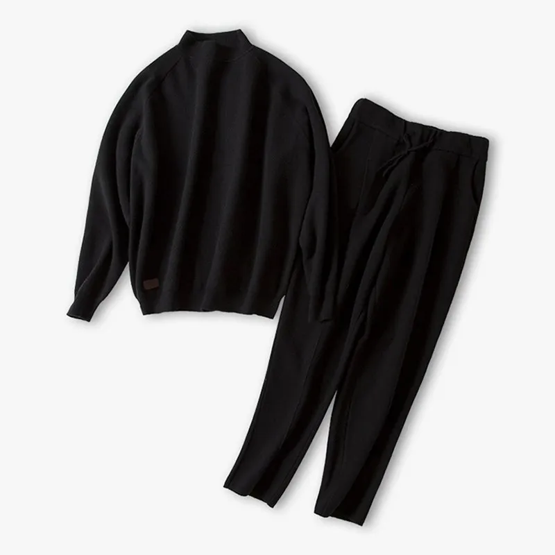 Зимний хлопковый кашемировый костюм из двух частей, женские модные толстые вязаные толстовки, спортивный костюм из 2 предметов, брючный костюм - Цвет: Черный