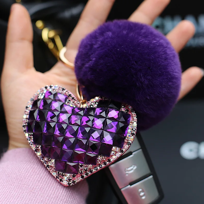 

Rhinestone Heart KeyChain Fluffy Rabbit Fur Ball Pom Pom Key Chains Bunny Fur Pompom Keyring Porte Clef Charm Holder Car Pendant