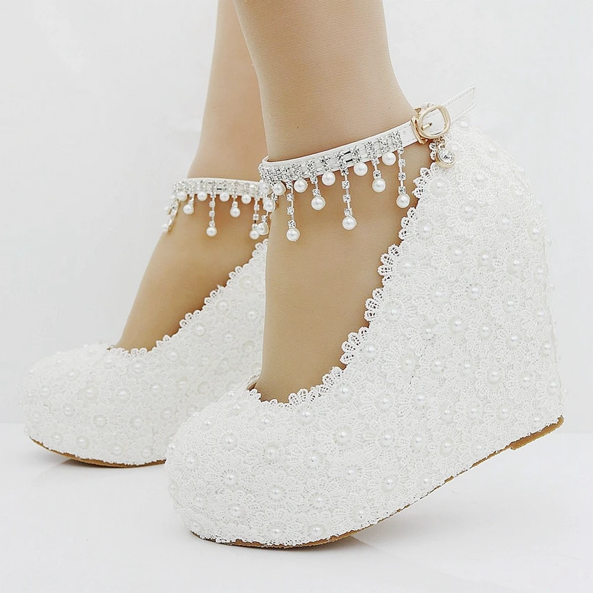 11cm Women Elegant Heels Wedges Shoes Pumps White Pearl And Crystal ...