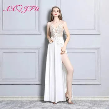 

AXJFU Sexy white lace flower illusion long evening dress transparent evening dress white deep V-neck sexy perspective Club Dress