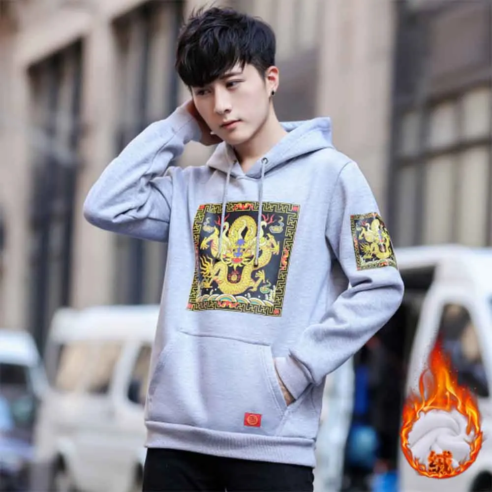 Winter Mens Printed Dragon Hoodie Sweatshirt Chinese Style Solid Long Sleeve Hoodies for Boys