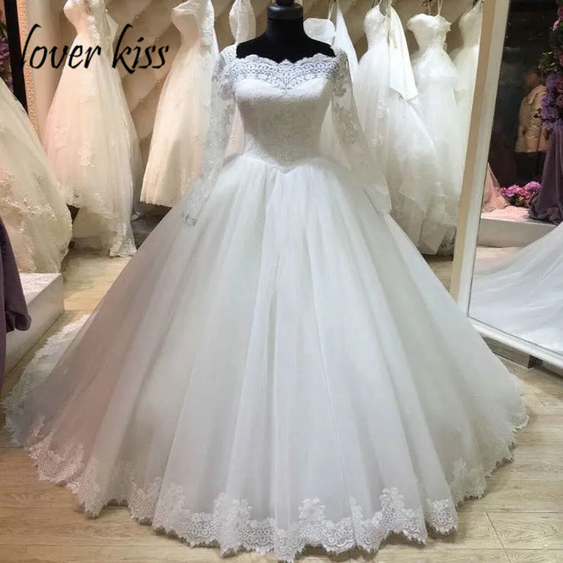 Lover Kiss Vestido De Noiva свадебное платье принцессы с длинными рукавами на шнуровке сзади свадебные бальные платья плюс размер халат de princesse - Цвет: Слоновая кость