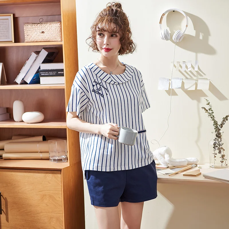 

4XL 3XL 2XL XL Cotton pajamas women striped top + shorts summer sleepwear pijamas set plus size pyjama women home clothes
