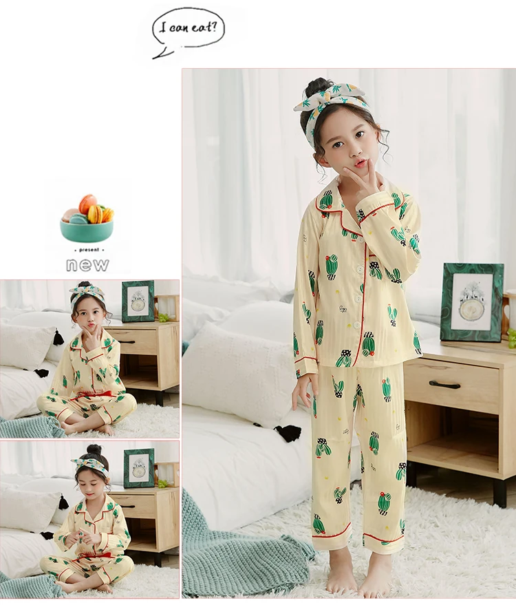 Girls Pajamas Autumn Winter Long Sleeve Children's Sleepwear Set Silk Pajamas Suit Pyjamas Sets for Kids Tracksuit Set