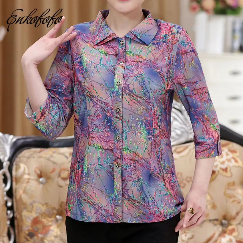 Women Floral Print Blouse Tops Mid Aged Summer Shirt Clothing Casual Three Quarter Sleeve Polyester Silk Loose Shirts Plus Size |