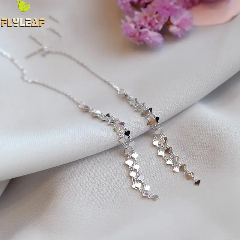 

Flyleaf 100% 925 Sterling Silver Long Tassel Heart Drop Earrings For Women Simple Fashion Party Jewelry