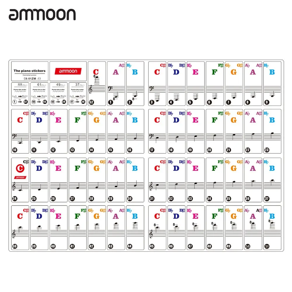 

ammoon Piano Keyboard Stickers for 37/ 49/ 61/ 88 Key Keyboards Removable Colorful for Kids Beginners Piano Practice Learning