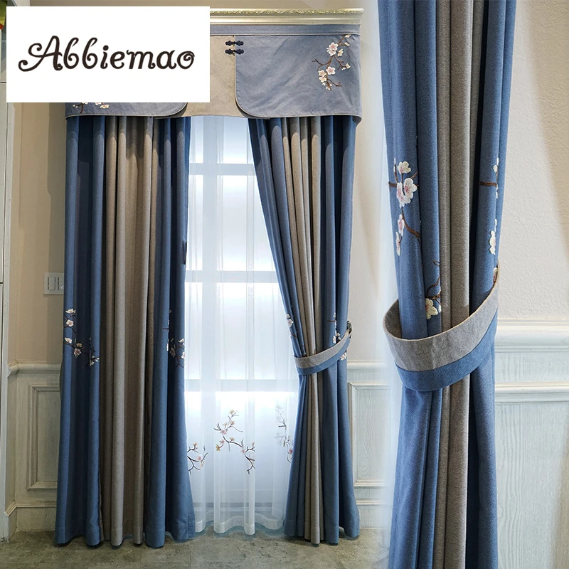 

Abbiemao Simple Modern Wintersweet Embroidered Curtain Cotton Linen Blackout Curtain For Bedroom Matched Gauze Window Treatment