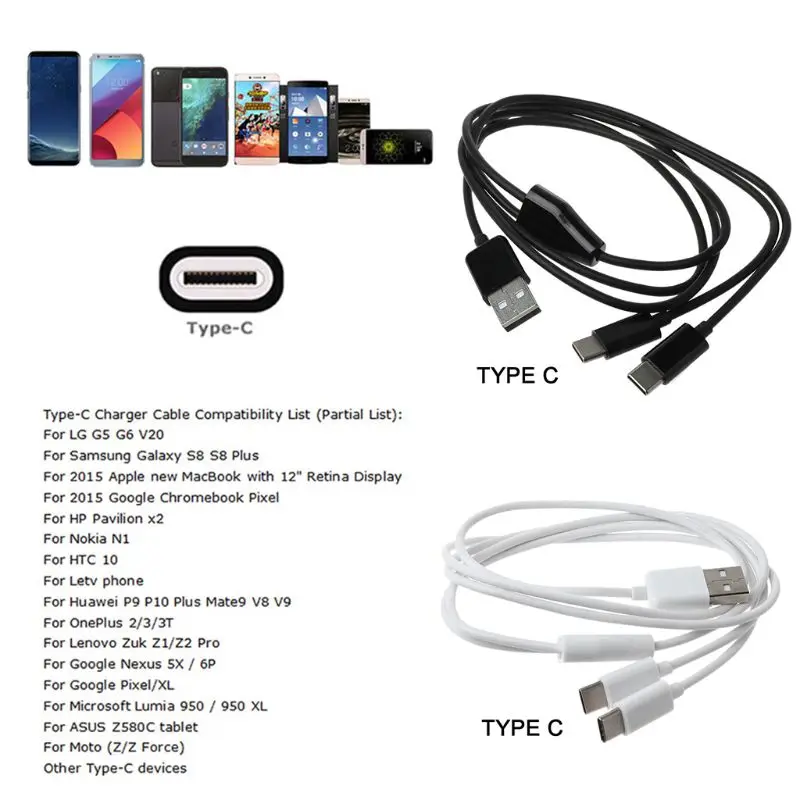 Портативный usb-кабель 2,0 типа A с двумя разъемами C сплиттер папа-папа Y зарядный кабель для samsung S10 S9 S8 A50 Xiaomi 9 8 Note 7