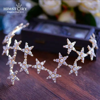 

Himstory Elegant Sparkling Stars Wedding Hair Accessories Gold Brides Tiaras Crowns CZ Hairbands Evening Hair Jewelry Accessory