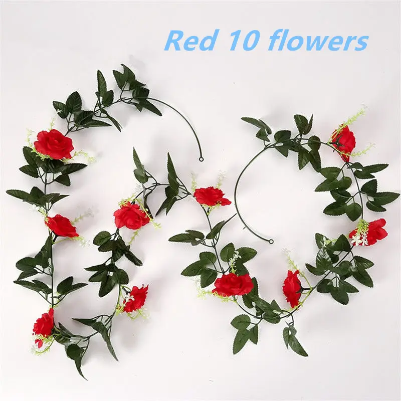 1pcs/lot 230-250cm Artificial Flowers Silk Roses Ivy Vine diy with Green Leaves Fake leaf artificial flowers for home decoration - Цвет: Red-10 flower