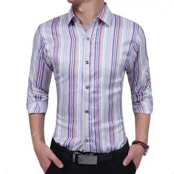 Бренд 2018 г. модные мужские рубашки с длинными рукавами высокое качество в Вертикальную Полоску мужская одежда Рубашки для мальчиков тонкий