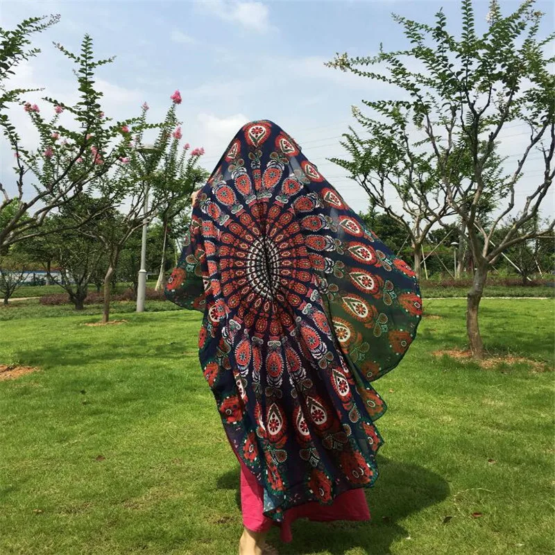 Chiffon Polyester 150cm Round Beach Towel Vacation Seaside Shawl Bath Towel Large Peacock tail printing Swimming Towel For Beach 2