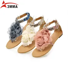 3MMA Large Size Gladiator Sandals for Women Bohemia Beaded Summer Flower Flat Heels Flip Flops Women’s Shoes T-straps Sandals