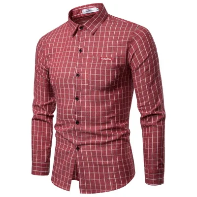 Casual Long sleeved Men Dress Shirt Single Breasted Plaid Green Red ...