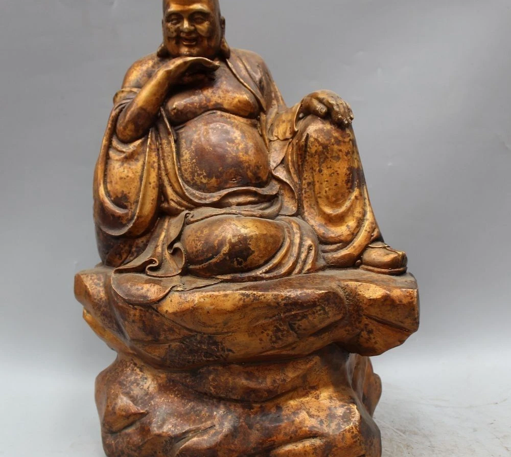 

15" Chinese Buddhism Bronze Gild Seat Eighteen Arhats shaveling Monk Buddha