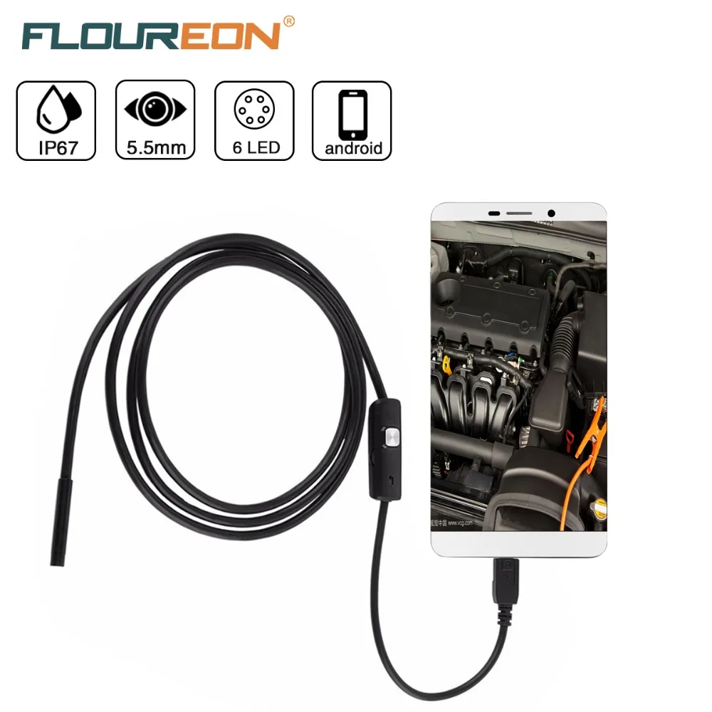 

FLOUREON USB 5.5mm Mini Endoscope 6 LEDs Borescope Flexible 0.3MP Waterproof IP67 Inspection Snake Video Camera For Android