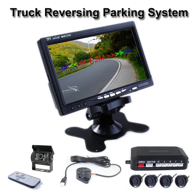 

24V Parking Sensors Kit 7 inch TFT Color Car Monitor 4 Sensors Buzzer Truck Camera for Truck Van Bus