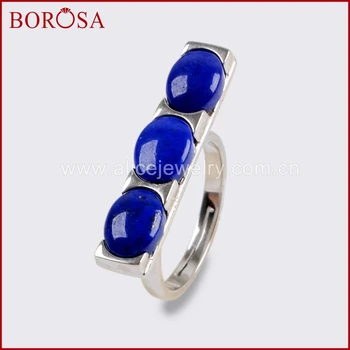 

BOROSA New 5PCS Fashion 925 Pure Silver Rings Three Oval Natural Lapis Lazuli Bezel Ring Gems Jewelry Rings for Women ZS0297