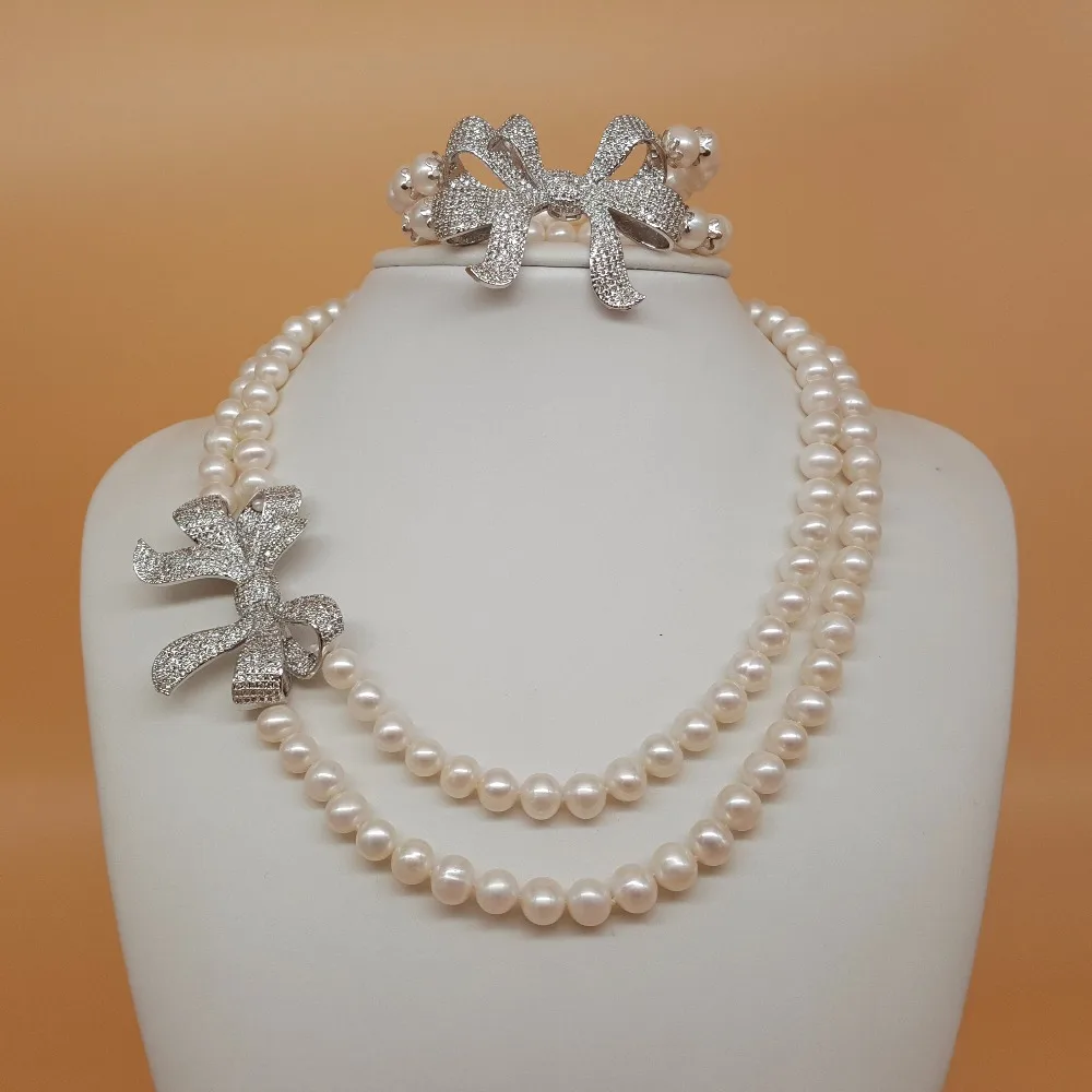 

LiiJi Unique AA 8-9mm Freshwater Pearl Beads Beautiful Bowknot Silver Plated Necklace 45cm Bracelet 18cm Wedding Set