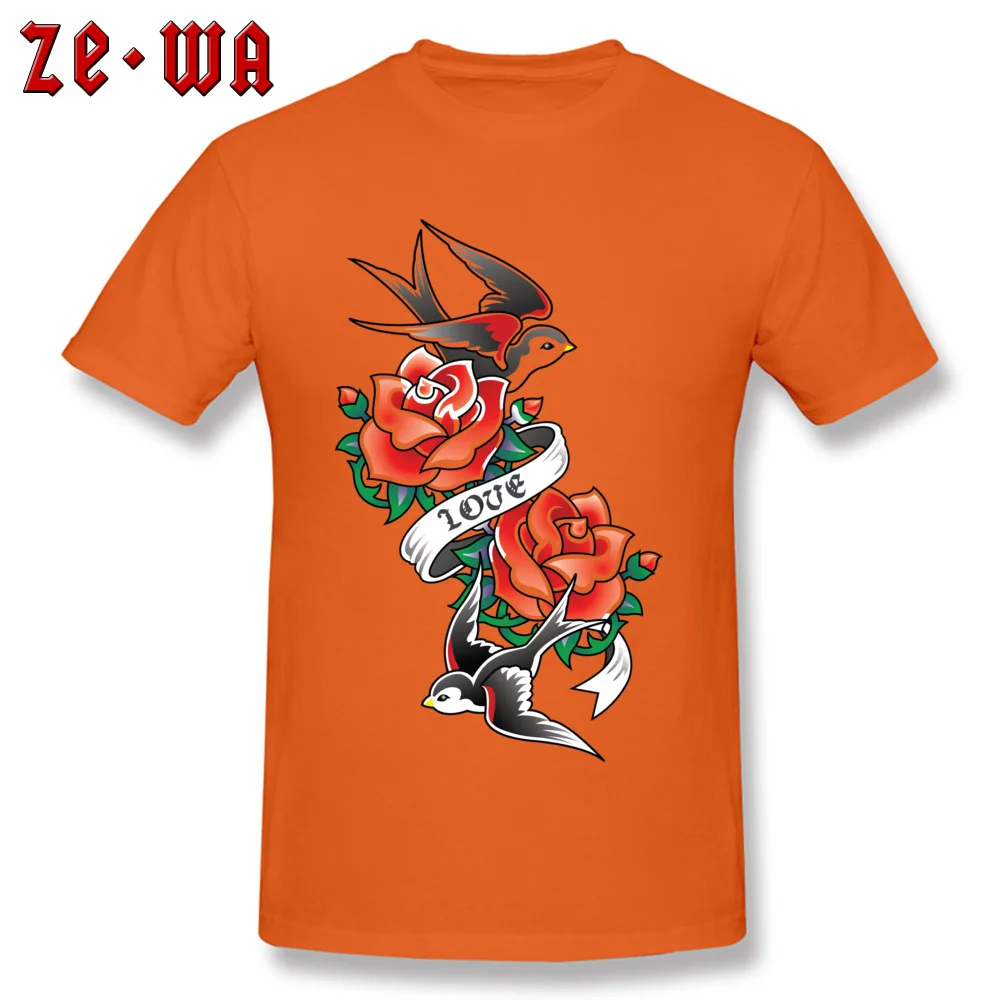 old school tattoo rose swallow Cheap 3D Printed T-shirts O Neck 100% Cotton Tops Shirts for Men Tops Tees Summer/Autumn old school tattoo rose swallow orange