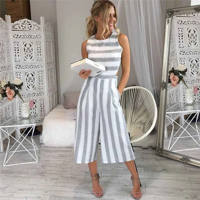 Fashion Women's Sleeveless Striped Jumpsuit Casual Loose Trousers Fashionable Leotard Catsuit Combinaison Wide Leg Pants J21#N (5)