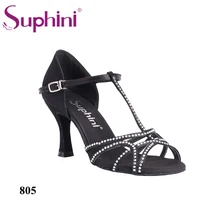 Suphini/черные атласные туфли для латинских танцев с Т-образным ремешком; женские гибкие танцевальные туфли для сальсы